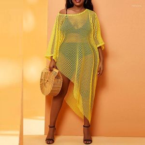 Women's Swimwear Long Sleeve Knitted Crochet Women Dress Yellow Hollow Out Fishnet Outfits Sexy See Through Beachwear Vacation Bikinis Cover