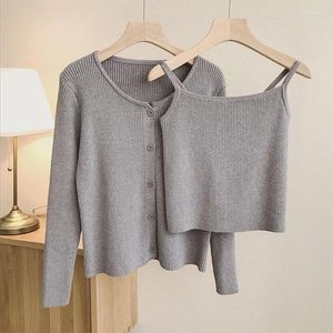 Women's Sweaters Casual Sling Camisole Knitted Cardigan Jacket Women Korean Fashion Basic Vest Long Sleeve Top Solid 2 Piece Set Sweater