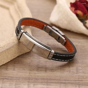 Bangle Fashion Businessman Cowhide Armband White Suture Leather Armband Luxury Design Rostfritt stål Bangles smycken Partihandel