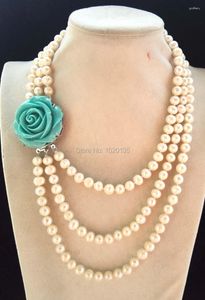 Chains 3rows Freshwater Pearl White Near Round 8-9mm 17-20inch Necklace Green Flower Clasp Wholesale Bead Gift Discount Nature