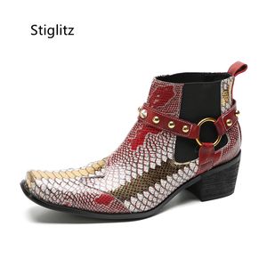 Nieten-Metallschnalle, Hochzeitsschuhe für Herren, Schlangenleder-Stiefeletten, Chelsea-Lederstiefel, Slip-on-Kleid, High Heels, Herrenschuhe