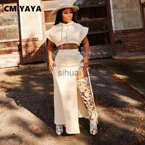 Women's Two Piece Pants CM.YAYA Street Basic Women's Dress Set Flare Sleeve Hooded Tops and High Side Maxi Skirts Suit Matching Two 2 Piece Set Outfits J230717