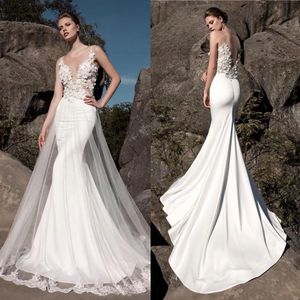 Chic Backless Mermaid Wedding Dresses Beaded Sheer V Neck 3D Appliqued Beach Bridal Gowns With Detachable Skirt Plus Size
