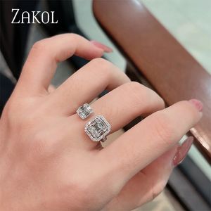 Zakol Shinny Geometric Square Crystal CZ Open Ring