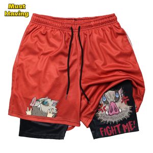 Shorts masculinos 2 em 1 shorts de compressão de alongamento para homens Slayer de demônios de anime INOSUKE RÁPIDO ATHLETIC SHORTS TRAFERETO DE FITNES