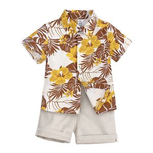 Conjunto de roupas de verão para meninos e crianças, camisa floral, tops, shorts, 2 peças, conjuntos de roupas de praia para crianças e meninos