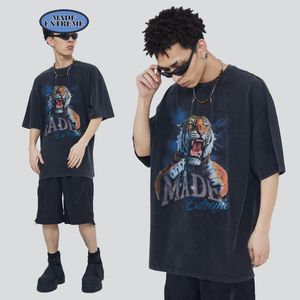 Camisetas masculinas MADEEXTREME vintage com estampa de tigre e manga curta masculina lavada retrô gráfico hip hop feminino 7957