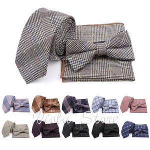 Neck Tie Set Plaid Cotton 6cm Slyckor Set Bowtie Pocket Square Blue Bruwn Rink Gray Men Skinny School Party Daily Suit Cravat Gift Accessory 230717