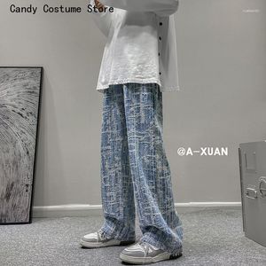 Herr jeans manliga tryckta koreanska män vintage höst hip hop jenim byxor rakt löst streetwear mode baggy cowboy byxor