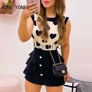 Women's Two Piece Pants Women Print Heart Round Neck Top Skirt Set Women Sweet Suit J230717