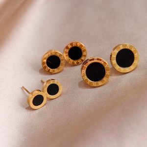 Stud Classical Stainless Steel Roman Round Digital Stud Earrings for Women Delicate Jewelry Gothic Black Earrings J230717