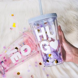 Water Bottles Dot Wave Plate Pipette Tumbler Double Layer Sequin Lovely Pink Plastic Bottle with Cover Straw Green Ice Cup In Summer 230717