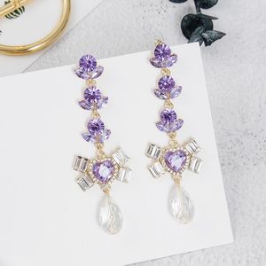 Dangle Earrings Korean Baroque Style Purple Rhinestone Love Heart Long Fashion Crystal Water Drop Pendientes For Women