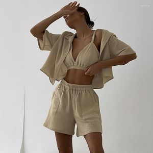 Kvinnors sömnkläder fast färg bomull Kvinnor hem 3piec kostym lapel nattkläder sexig ihålig bh 3 -bit set pyjamas med shorts