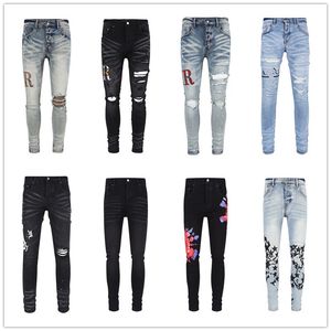 Mens Designer Jeans For Mens Pant rippade nära passande smala blyertsbyxor märke Para rippad cyklist Black Blue Jean Slim Fit Motorcykel