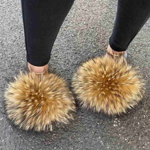 Slippers Summer Female Big Size Flip Flops Ladies Fluffy Furry Falt Slides Soft Plush Shoes Women's Fox Fur Slippers House Luxury Sandals L230717