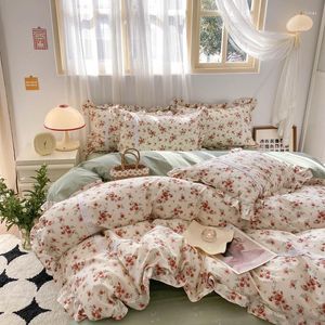 Sängkläder set bomulls vintage franska land små blommor set rufsade kanter blommönster täcke täcke lakan kuddar