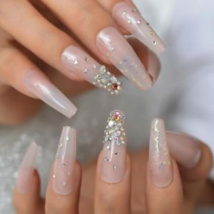 False Nails Extra Long Fake Rhinestones Crystal Press On Tapered Eternal Bling Glitter Stick Glue Tape Nail Tips