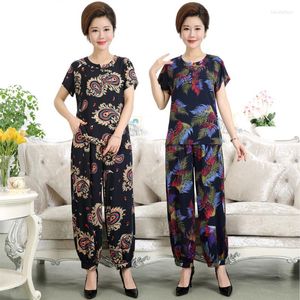 Kvinnors tvådelade byxor #1154 China Style 2 Set Woman Tee Shirt and Suits Ladies Casual Loose Women Short Sleeve Printed Tshirts Vintage