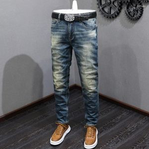 Mäns jeans europeiska vintage mode män hög kvalitet retro blå smal fit rippad elastisk casual designer denim byxor hombre