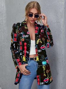 Women's Suits Vintage Letter Leopard Printing Blazer Women Jacket High Street Fashion 2023 Large Size Elegant Lady Coat American Stylish