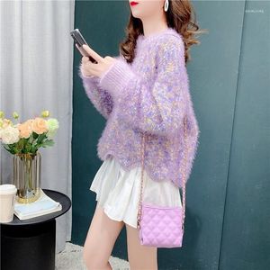 Suéter Feminino Caxemira Vison Roxo Casual Plus Size Kawaii Cropped Pulôver Suéter Outono Inverno Moda Simples Harajuku Bonitos Jumpers