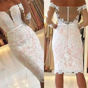 Homecoming Dress Graduation Prom Party Gown New Cocktail Sexy Plus Size Custom Gown Bateau Off-Shoulder 3/4 Long Sleeve Straight Lace White Applique