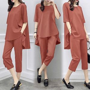 Kvinnors tvådelar Pants Suit 2023 Summer Casual Loose Short Sleeve Top Calf-Length For Sweat Suits Women Matching Set Q435