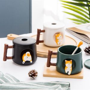 Creative Cute Handmade Shiba Inu Mug With Lid Spoon Ceramic Dog Mugs Personalized Cup For Coffee Tea Kitchen Tableware Love Gift L220j