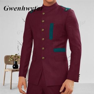 Men's Suits Gwenhwyfar Burgundy&Peacock Green Men African Style 2023 Fashion Groom Wedding Party Tuxedos Jacket Shoulder With Straps