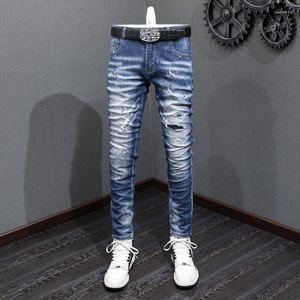 Men's Jeans Fashion Designer Men Retro Blue Elastic Stretch Slim Fit Ripped Streetwear Painted Vintage Denim Pants Hombre