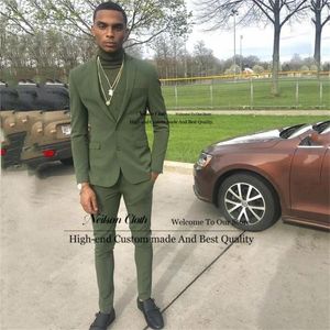 Ternos masculinos verde militar masculino lapela entalhada smoking de casamento 2 peças jaqueta calças conjuntos masculino blazers de baile fino ajuste traje homme