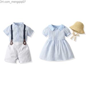 Kläderuppsättningar Top Summer Checker Brothers Sisters Children Matching Clothing Boys Gentlemen Set+Girls Princess Sun Dress With Hat Set Z230717