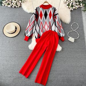 Women's Two Piece Pants Women Office Lady Pieces Sets Long Sleeves Knitted Pullover Wide Leg Autumn Business Suits European Female Clothing