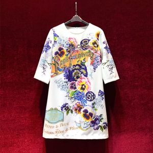 2023 Summer White Floral Print Dress 3/4 Sleeve Round Neck Kne-Length Casual Dresses A3Q122240