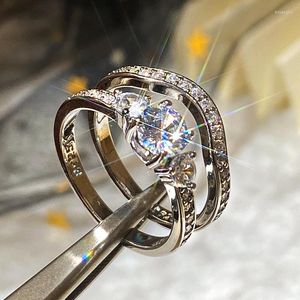Alianças de casamento de luxo pares de anéis femininos acessórios de noivado 2 pçs/conjunto cristal brilhante embutido zircônia jóias da moda