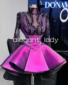 Black Purple Short Puffy Skirt Evening Birthday Dresses Illusion Long Sleeve Lace Beaded High Neck Bustle Prom Homecoming Gown