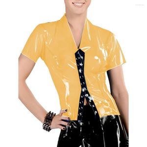 Women's Blouses Glossy Clear PVC Sexy Transparent Tops Patchwork Colors Turn-down Neck Snaps Perspective Blouse Outfit Body Lingerie Shirt