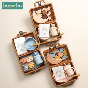 Conjuntos de presentes Bopoobo Baby Silicone Rainbow Stacker Toy Baby Feeding Tableware Box Set Gifts Set Baby Birth Vintage Box Gifts 230717