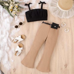 Clothing Sets Little Child Baby Girls' Summer Black Suspenders Top Brown Solid Color Flared Pants Belt Waist Bag 4PC