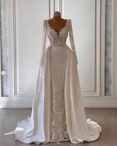 Modern Mermaid Long Sleeve Wedding Dresses with Detachable Train Applique Stain V-neck Princess Church Royal Bridal Gown