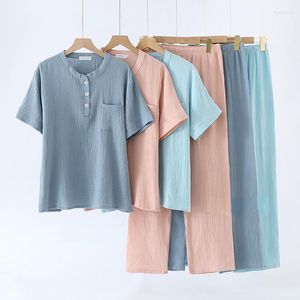 Kvinnors sömnkläder Bekväm solid pyjama Set Women Crepe Gaze Short Sleeve Trousers Pijamas Stand Collar och tre knappar perfekta för