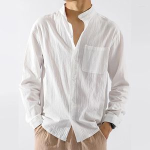 Men's Casual Shirts White Linen Mens Button Down Long Sleeve Loose Fit Dress Shirt With Pocket Band Collar Beach Tops Plus Size 5XL