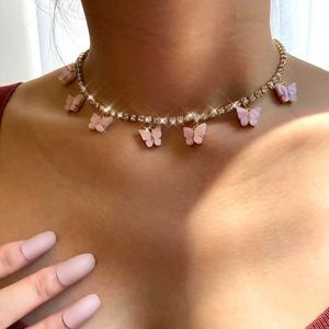 Pendanthalsband Fashion Bling Crystal Tennis Chain Choker Necklace For Women Gold Silver Color 7 Fjäril Cherry Party Jewelry 230613
