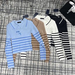 Suéter de tricô listrado de grife, suéter de malha macio e aconchegante com lapela fina, quente, de manga comprida, suéter de malha curto, roupas de grife femininas, 4 cores