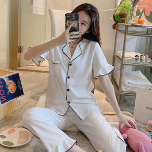 Женская одежда для сна Foply Summer Women Women Pajama Set Cardigan Button 2 кусочки полные хлопковые рукава брюки