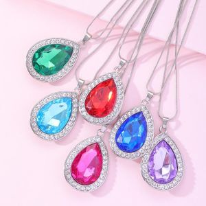 Hänghalsband 6 färger Pretty Water Drop Crystal Necklace Blue Green Purple Pink Rhinestone Heart Choker for Women Girls Party Gift