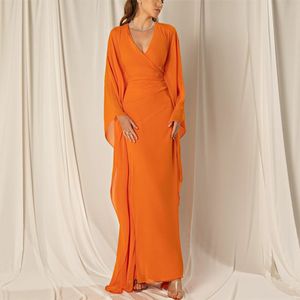 Vintage Long V-Neck Chiffon Evening Dresses With Sleeves Sheath Orange Floor Length Zipper Back Prom Dresses With Pleats for Women