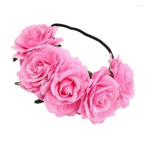 Decorative Flowers Boho Rose Flower Headband Women Hair Garland Crown Floral Halo Headpiece Wedding Party Rosy