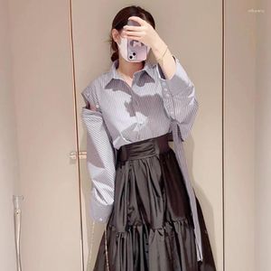 Women's Blouses F GIRLS Japanese Two-wear Removable Sleeve Ribbon Shirts Stripe Solid Color Long Blusas 2023 Spring Design Casual Blouse